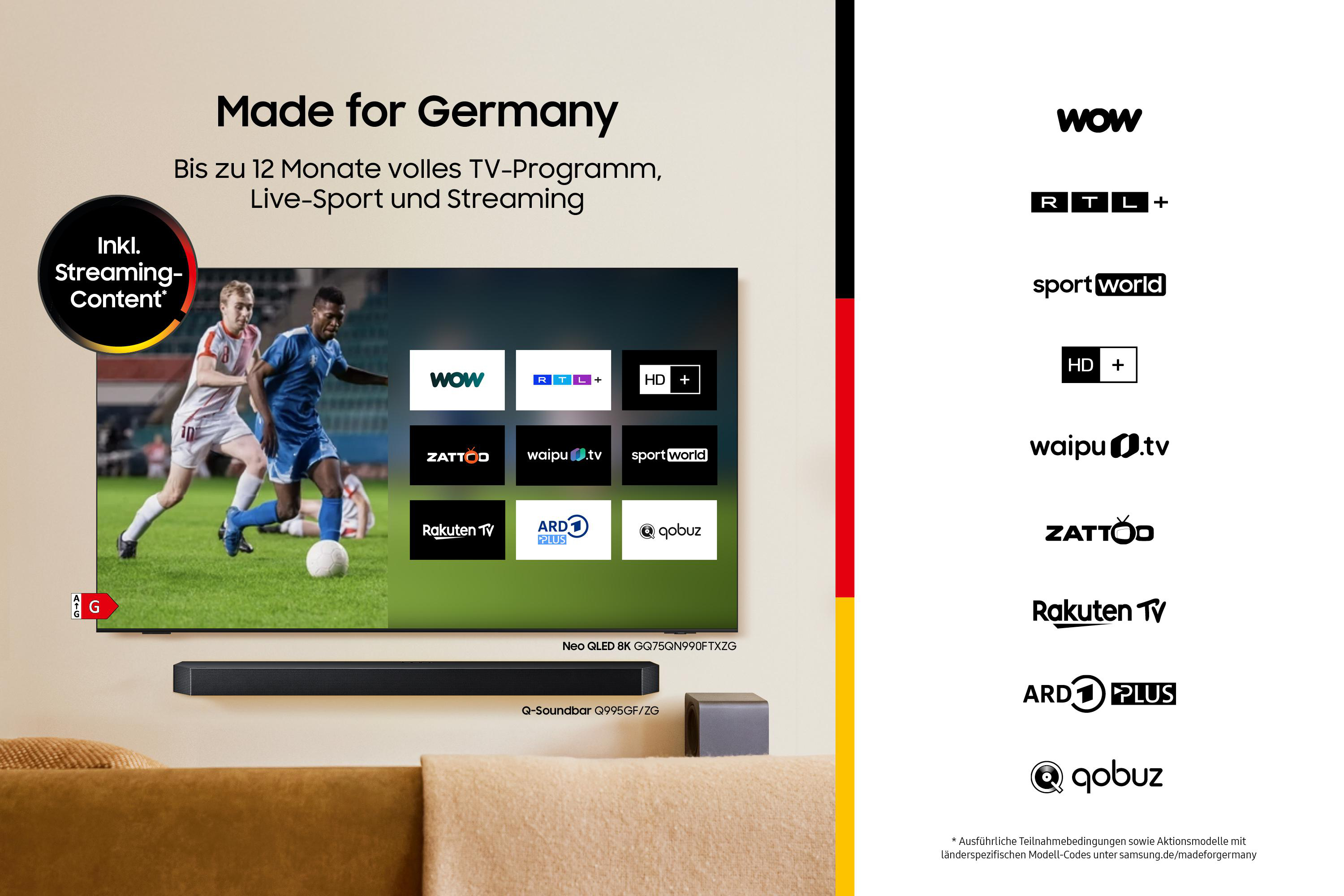 TV-Werbung. Fußballspiel auf dem Bildschirm. Logos für Streaming-Dienste und eine Soundbar werden angezeigt. Text: 'Made for Germany'.