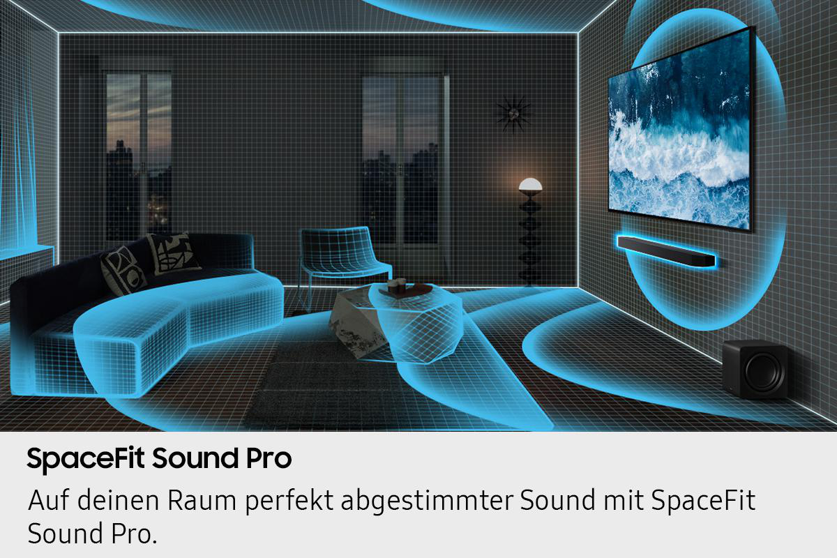 Raum mit Fernseher, Soundbar und Subwoofer. Blaues Licht umreißt Möbel. Der Fernseher zeigt Meereswellen.