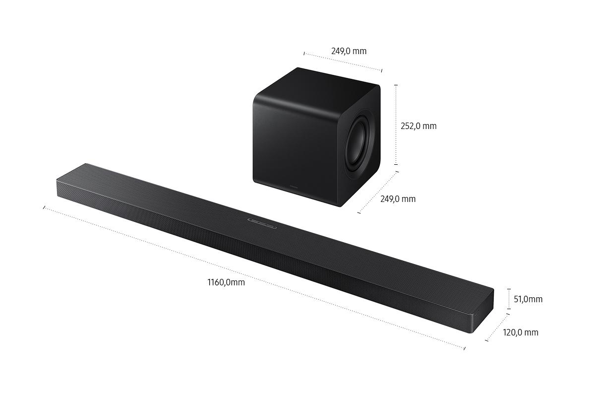 Eine schwarze Soundbar, ein Subwoofer und Abmessungen werden dargestellt. Die Soundbar ist 1160 mm lang. Der Subwoofer ist ein 249 mm Würfel.