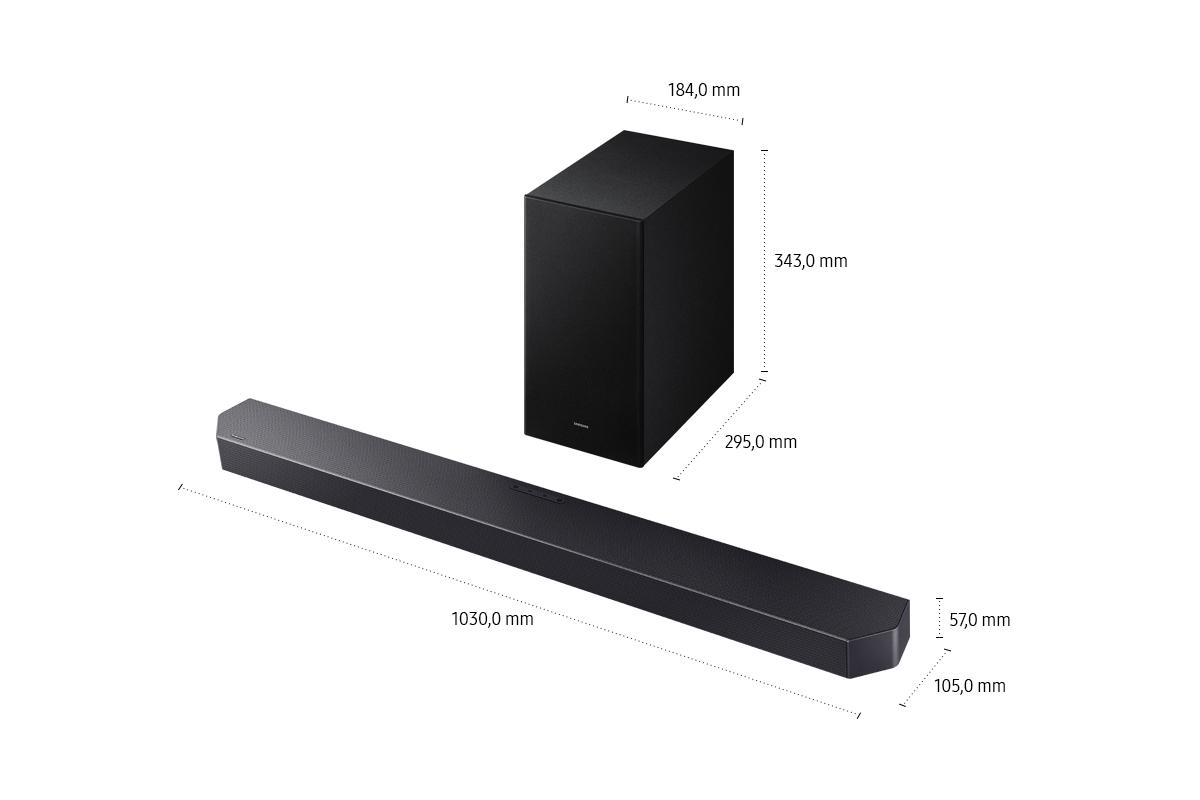 Ein schwarzes Soundbar- und Subwoofer-System. Abmessungen werden angezeigt, die Soundbar ist 1030 mm und der Subwoofer 343 mm hoch.