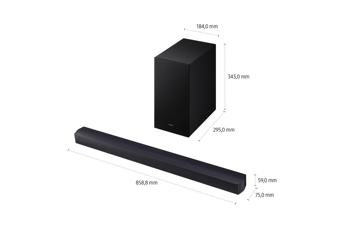 Ein schwarzes Soundbar und Subwoofer. Abmessungen in mm für beide Komponenten. Der Hintergrund ist weiß.