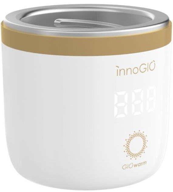 Biało-złota podgrzewacz do butelek dla niemowląt z cyfrowym wyświetlaczem i marką 'innoGIO'.