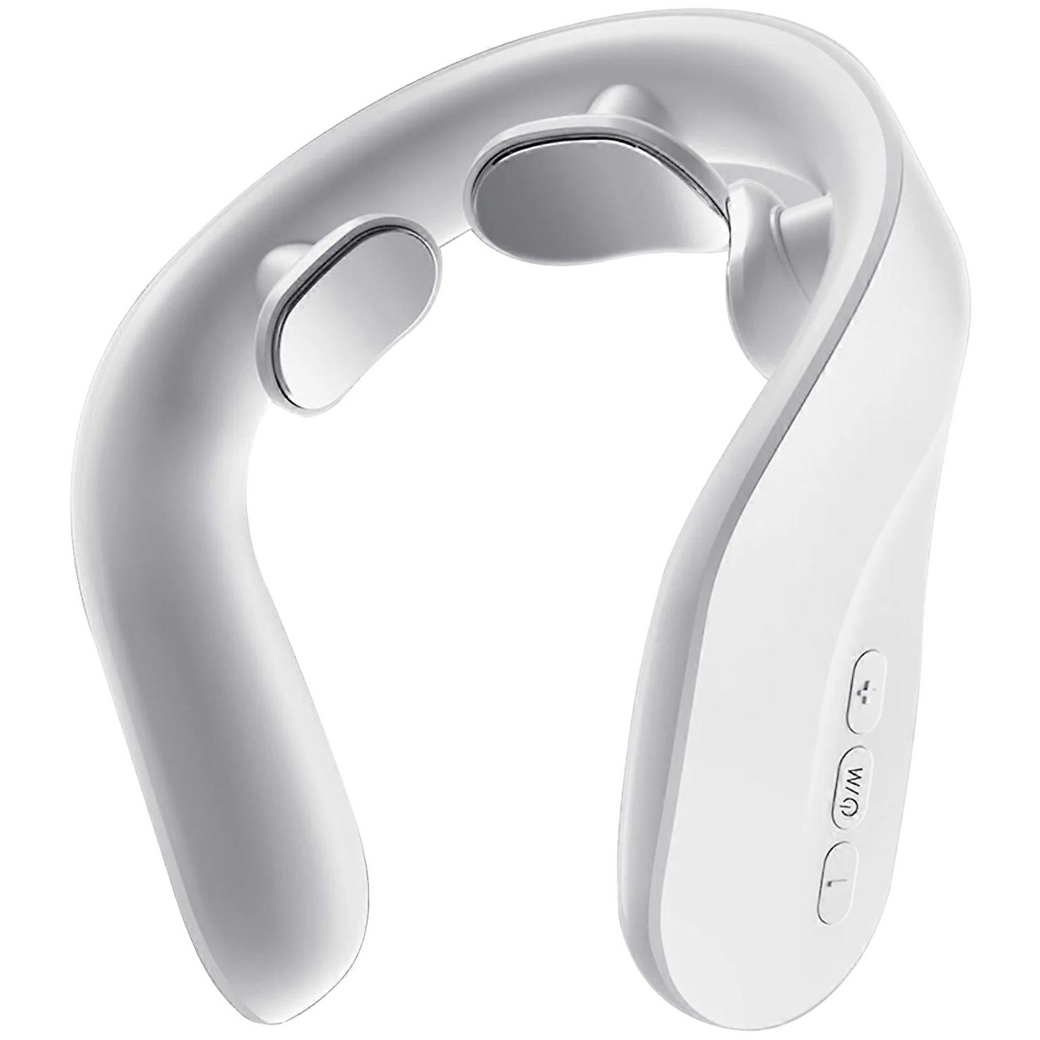 Biały masażer karku. Ma kształt litery U, ze srebrnymi głowicami masującymi. Widoczne przyciski zasilania i intensywności.