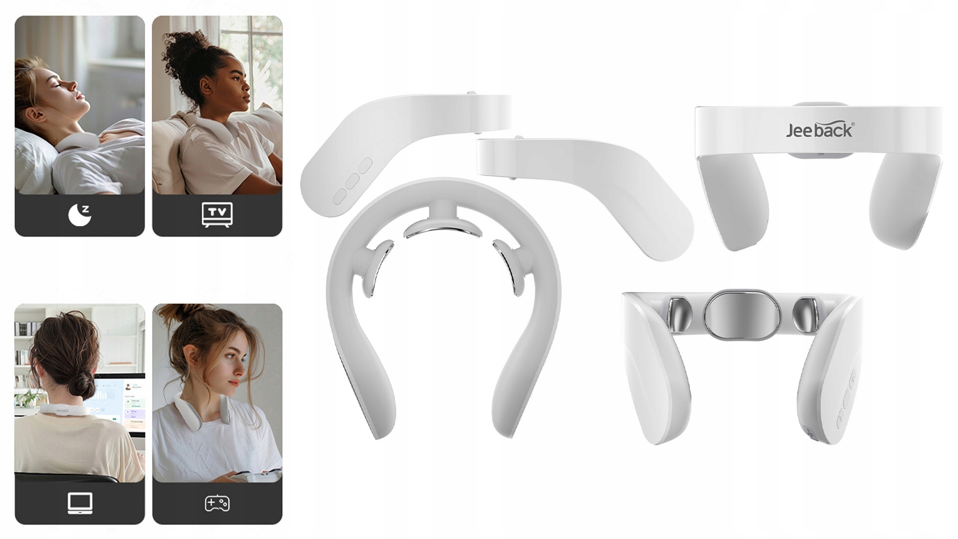 Biały masażer szyi. Kilka osób jest pokazywanych podczas korzystania z niego. Pokazano również osoby w różnych ustawieniach, np. podczas snu i oglądania telewizji.