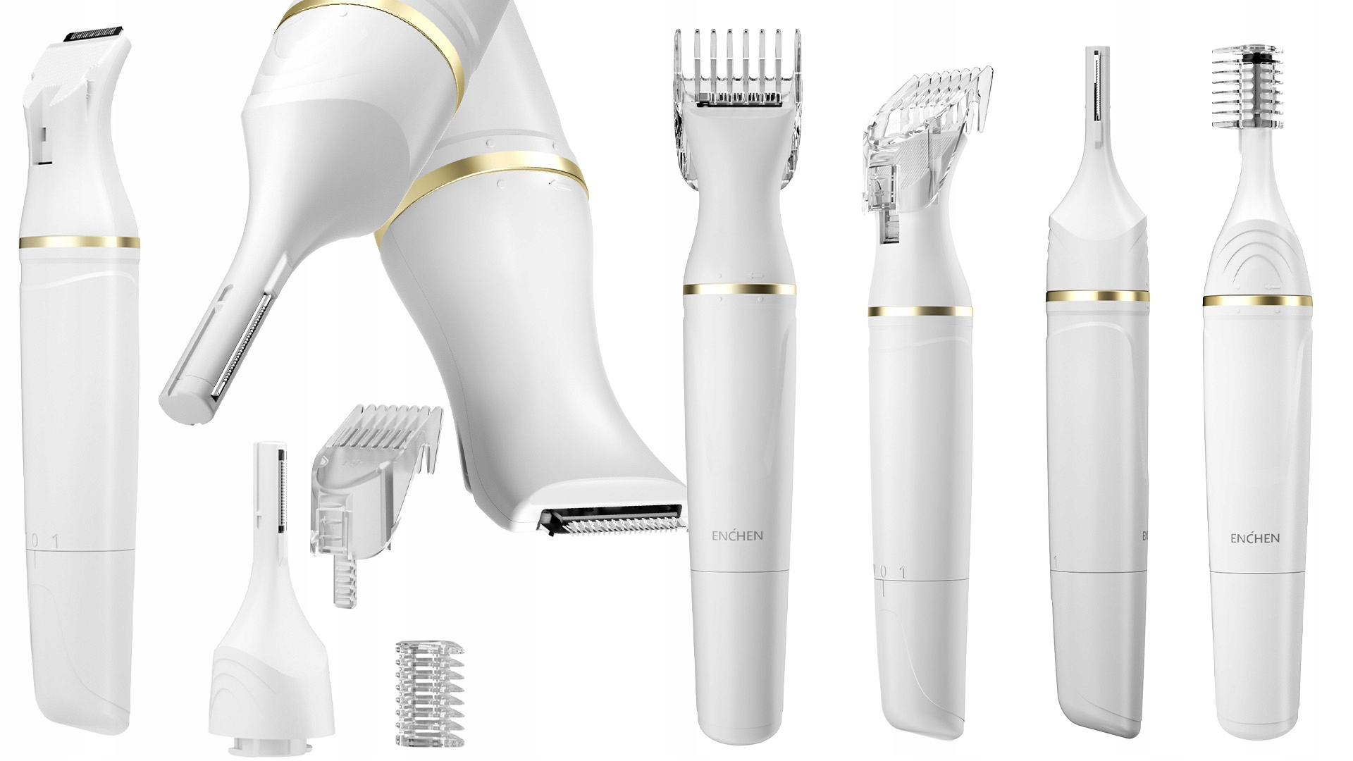 Różne białe golarki elektryczne i nasadki do trymerów, w tym ostrza i głowice, są wyświetlane na białym tle.