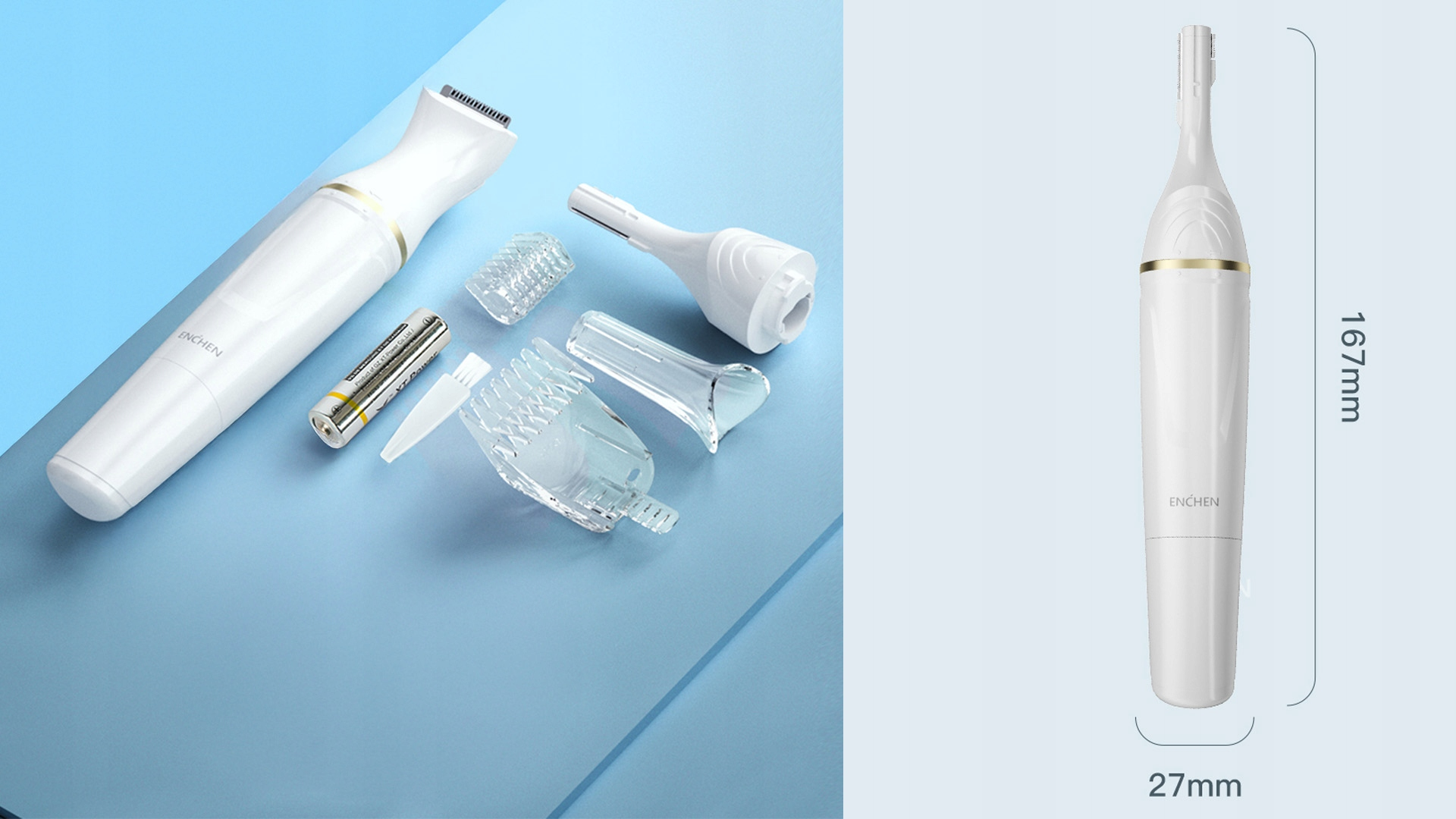 Biała golarka elektryczna z nasadkami i baterią na niebieskiej powierzchni. Wymiary są również pokazane.