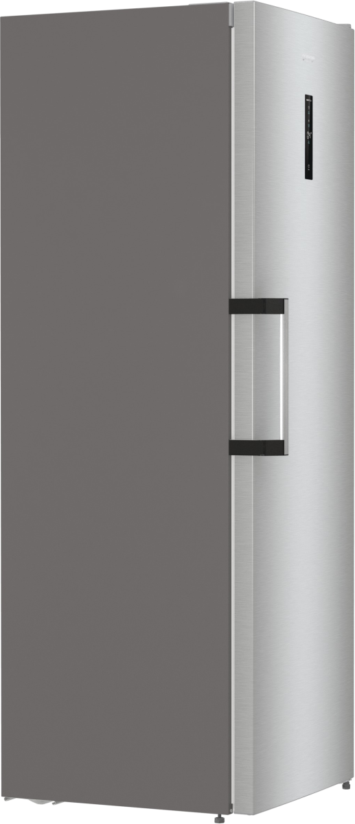 Wysoka lodówka ze stali nierdzewnej z ciemnoszarymi drzwiami. Ma uchwyt i wyświetlacz cyfrowy.