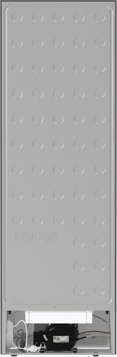 Tył lodówki. Szara metalowa powierzchnia z okręgami i napisem PENTANE. Sprężarka i przewody widoczne na dole.