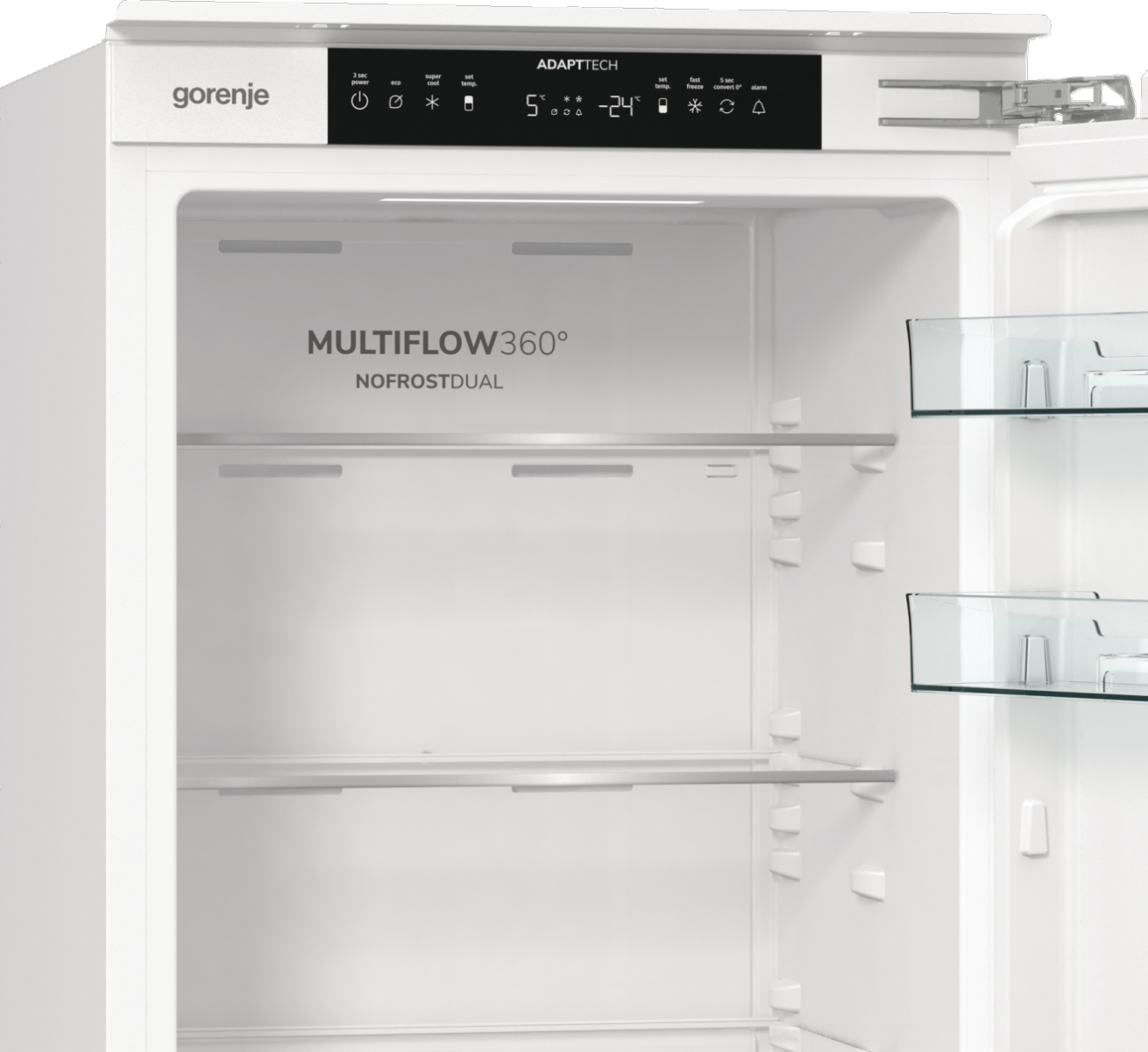 Otwarty biały wnętrze lodówki, z półkami i panelem sterowania z marką 'gorenje'.