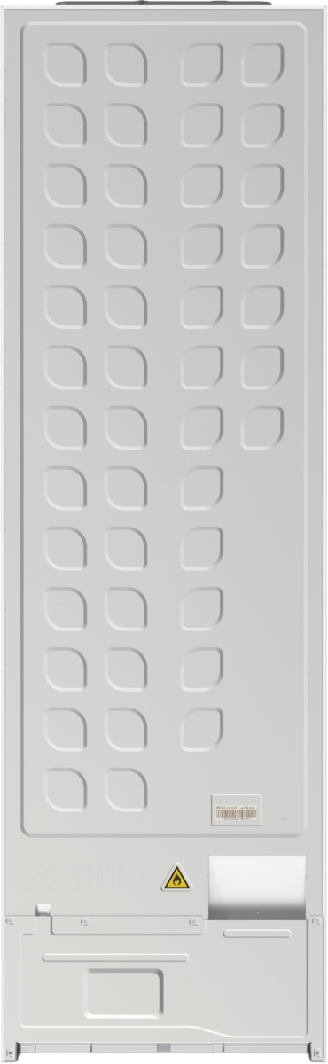 Tył białej lodówki z wytłoczonym wzorem. Na dole symbol ostrzegawczy i etykieta.