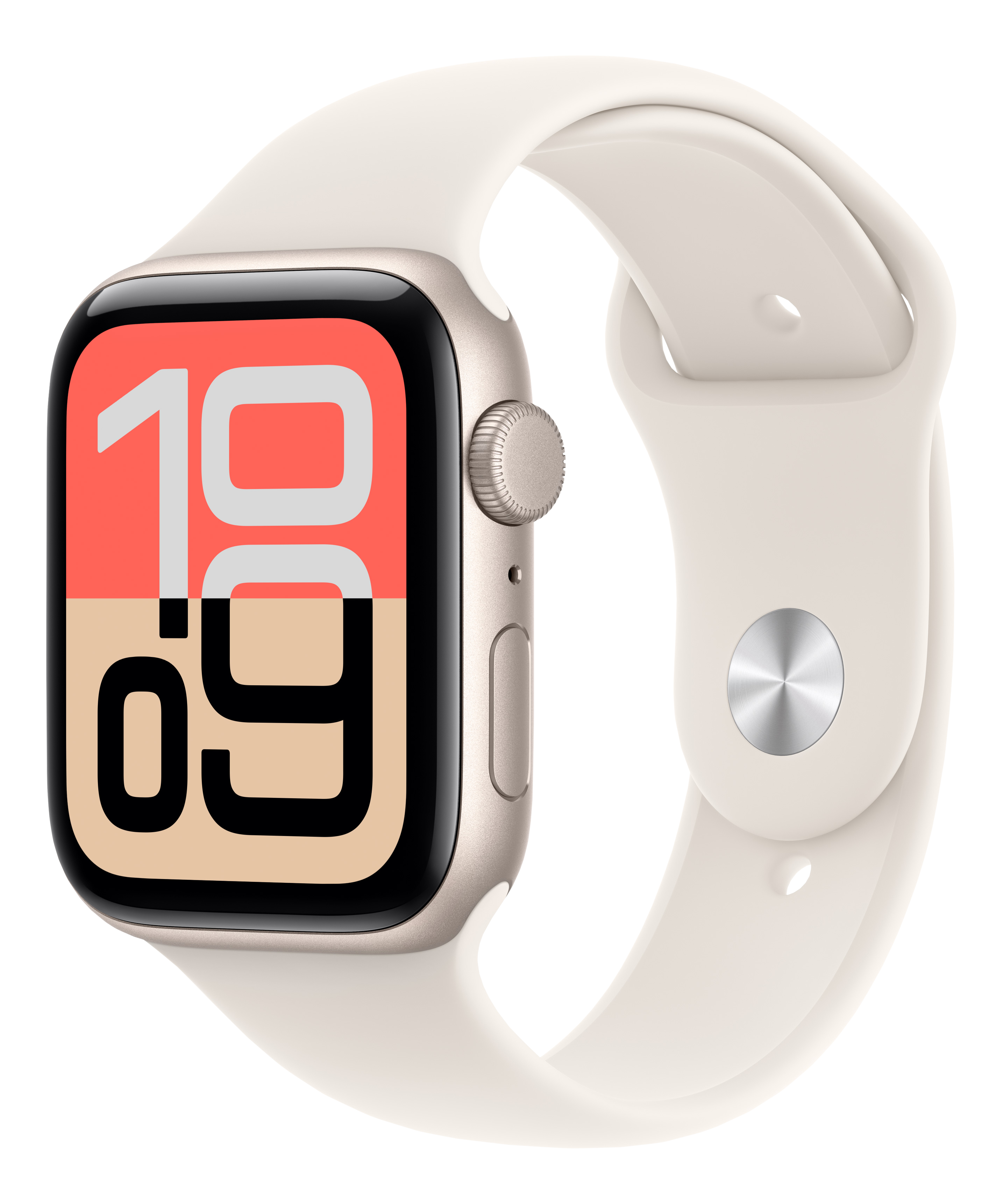 Eine Apple Watch mit cremefarbenem Armband zeigt die Uhrzeit 10:09 an. Die Uhr hat einen goldenen Rahmen und einen schwarzen Bildschirm.