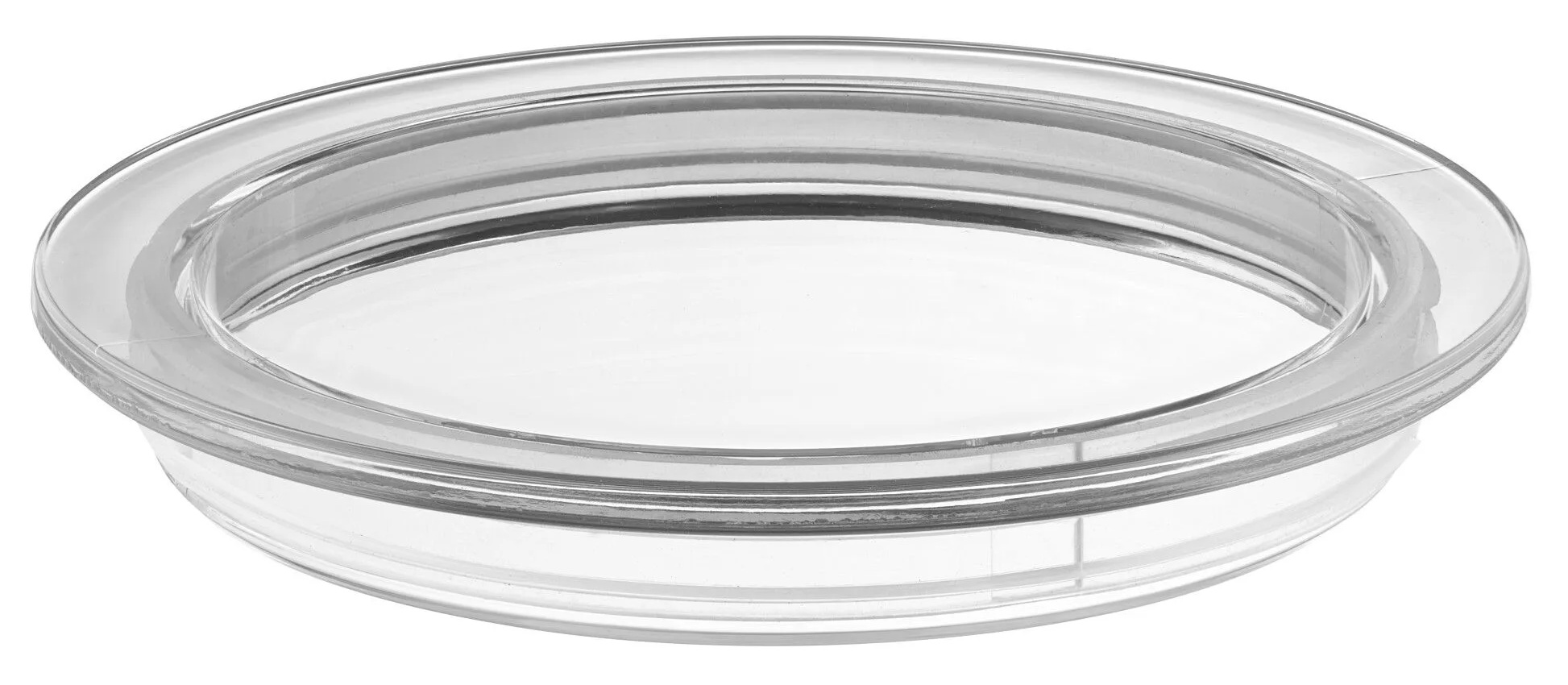 Przezroczysta, szklana pokrywka jest wyśrodkowana. Ma zaokrąglony, płytki kształt z lekko podniesioną krawędzią. Tło jest białe.
