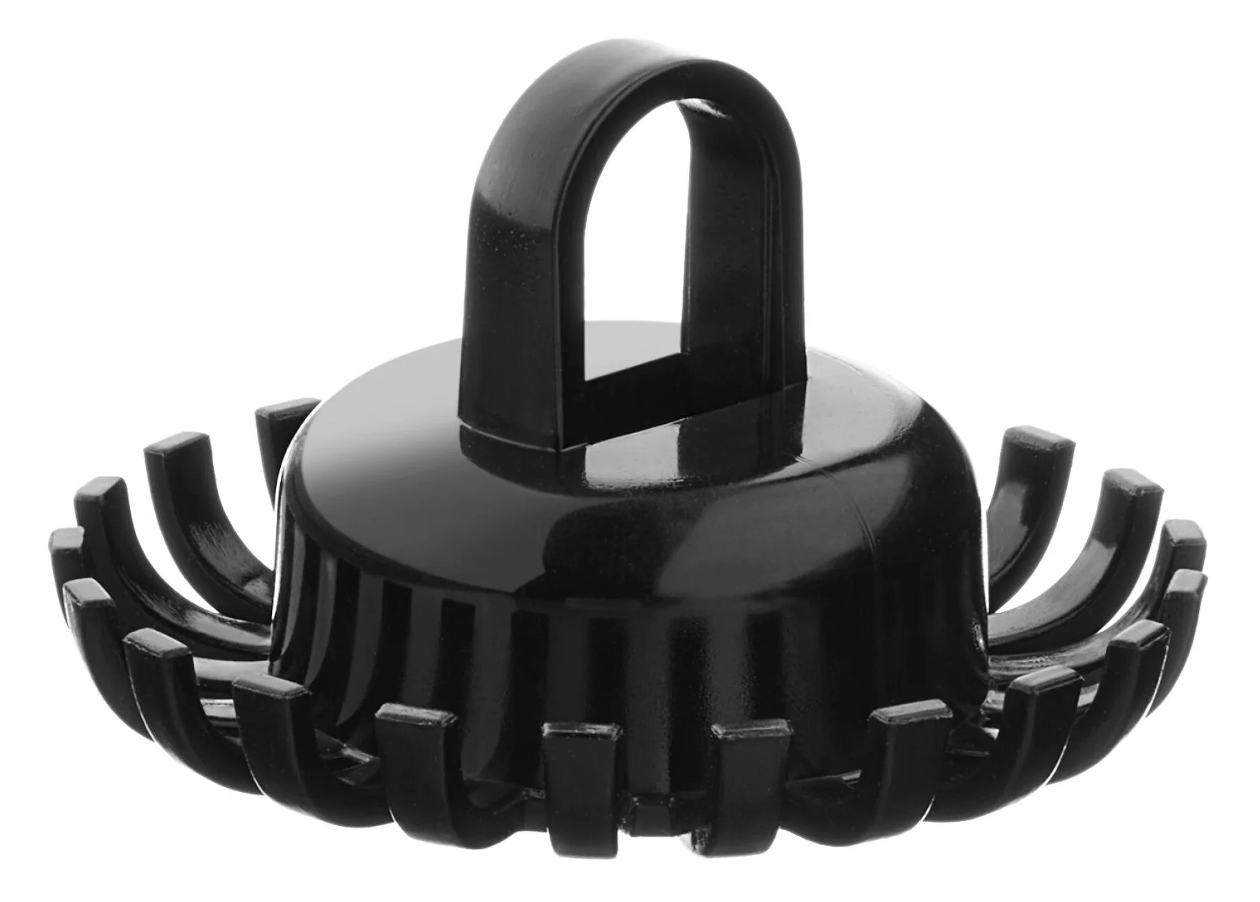 Czarny plastikowy haczyk z uchwytem i wieloma zakrzywionymi haczykami u podstawy. Obiekt jest odizolowany na białym tle.