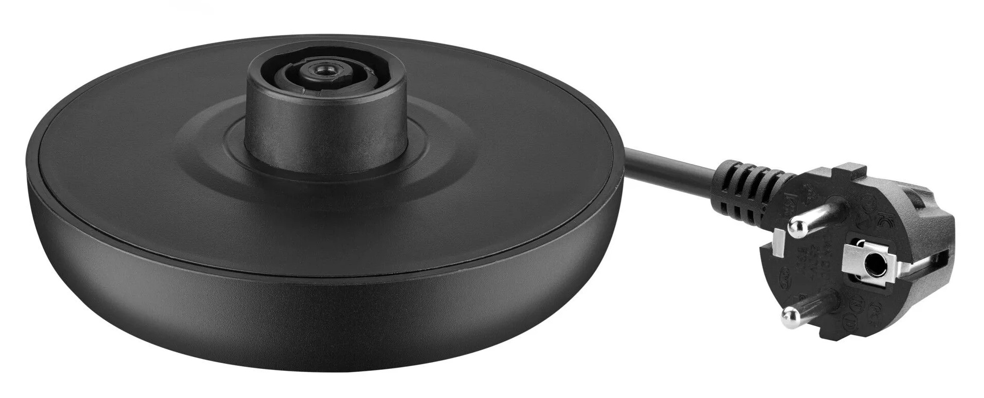 Czarna podstawa czajnika elektrycznego z dołączoną wtyczką. Podstawa jest okrągła, a wtyczka to standardowy typ europejski.
