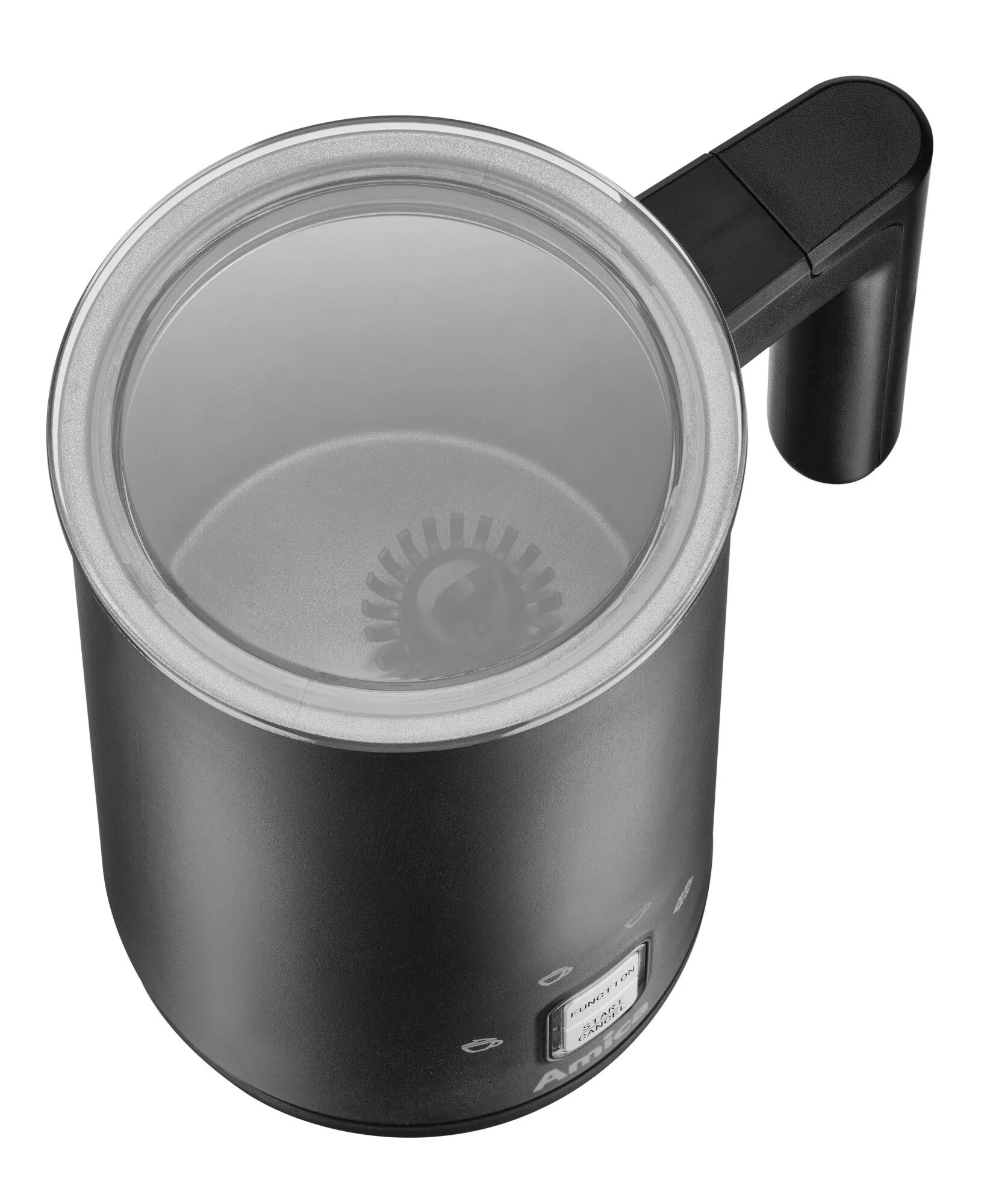 Ciemnoszary spieniacz do mleka z przezroczystą pokrywą. Posiada czarny uchwyt i panel sterowania z przyciskami.