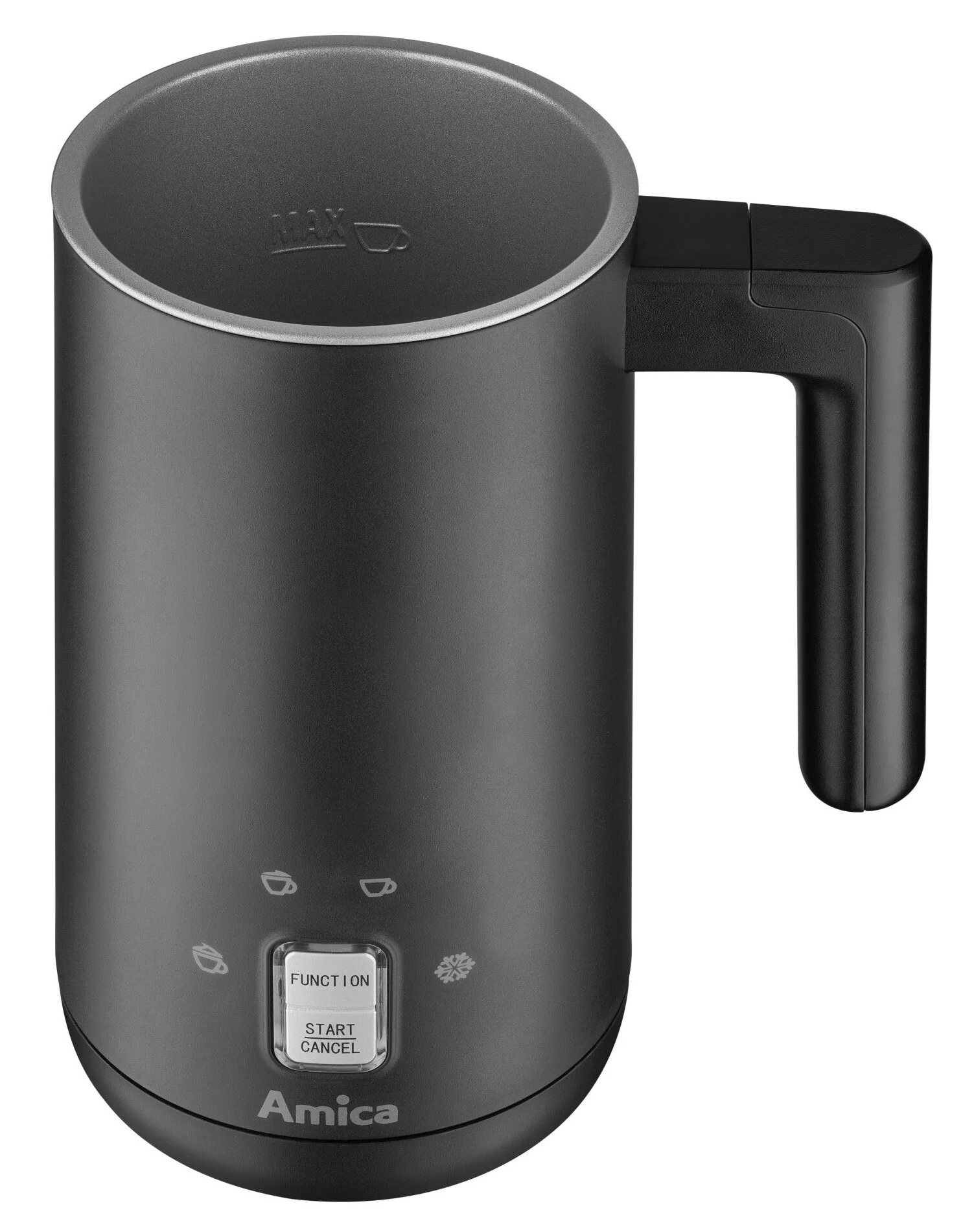 Ciemnoszary spieniacz do mleka Amica. Ma uchwyt, przycisk funkcji i ikony filiżanek. Na górze napis 'MAX'.