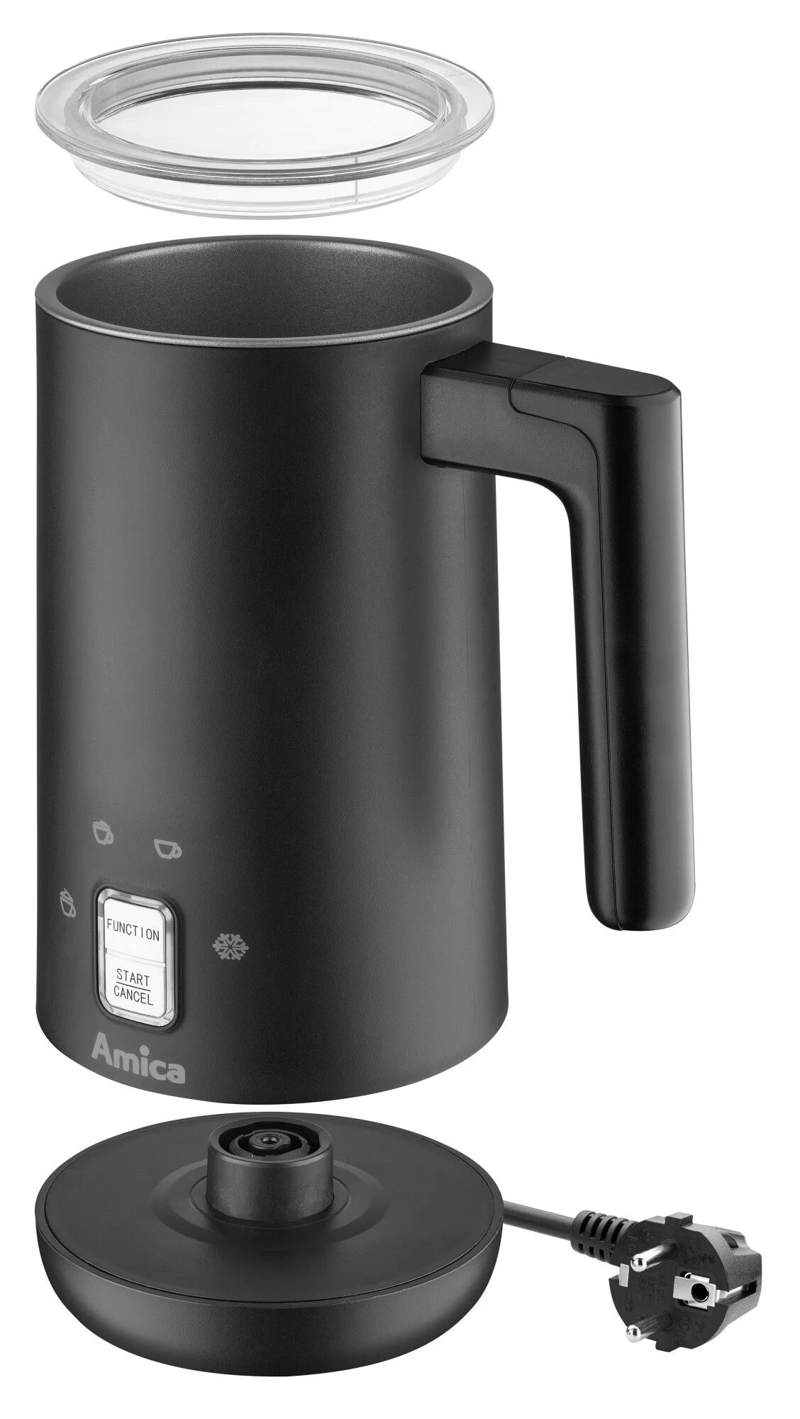 Czarny spieniacz do mleka z uchwytem i przezroczystą pokrywką na białym tle. Pod spodem podstawa z wtyczką.