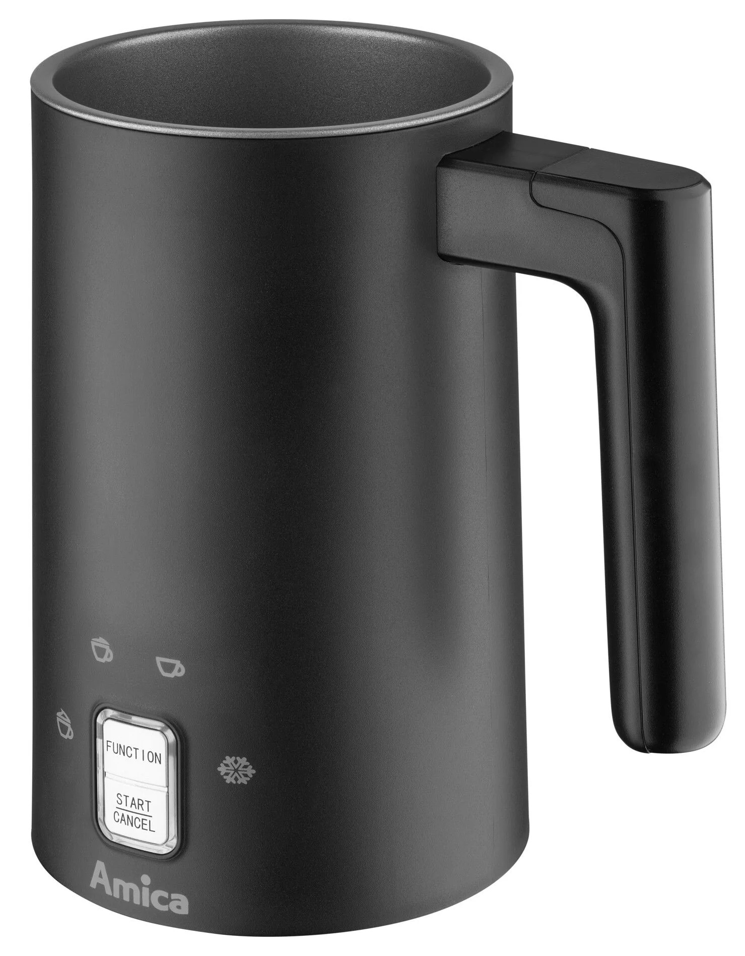 Czarny elektryczny spieniacz do mleka z uchwytem. Posiada przyciski sterujące i markę 'Amica'.