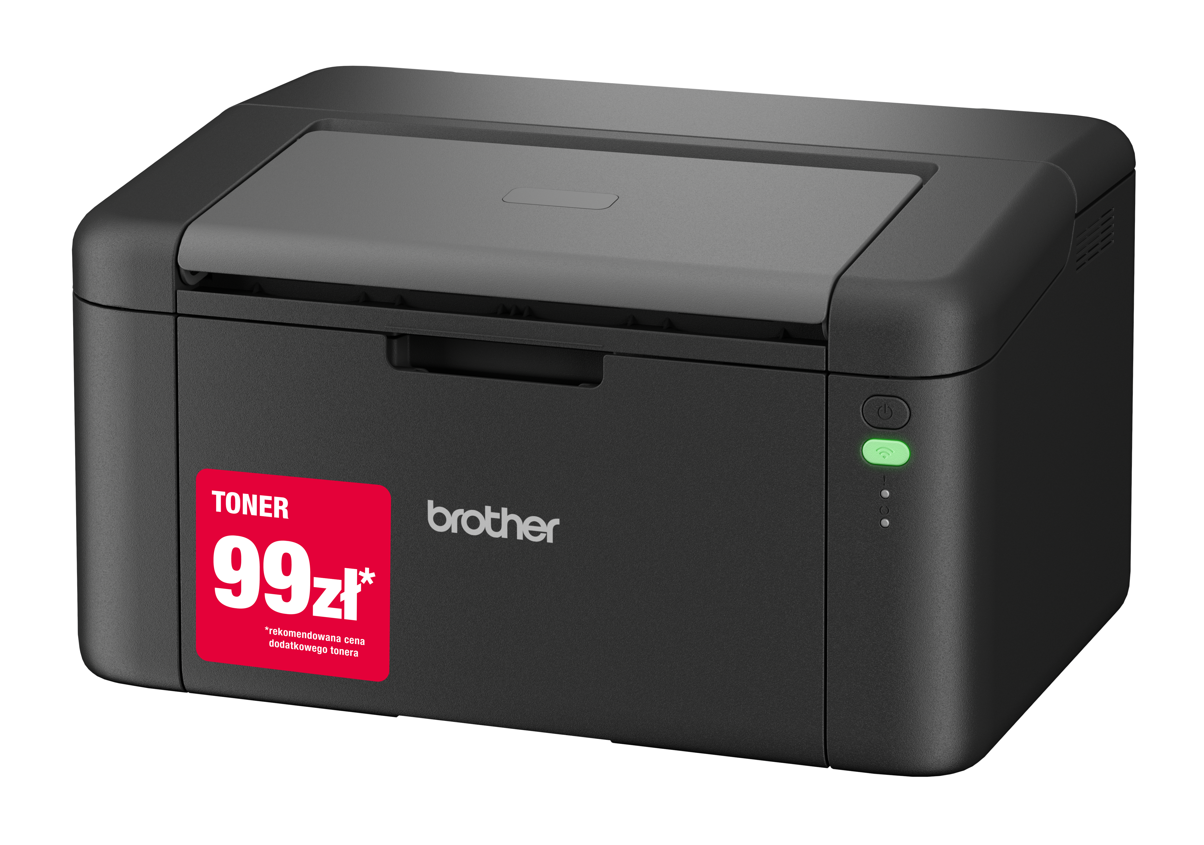 Czarna drukarka laserowa Brother z czerwoną naklejką z ceną tonera. Widoczne kontrolki zasilania i stanu połączenia.