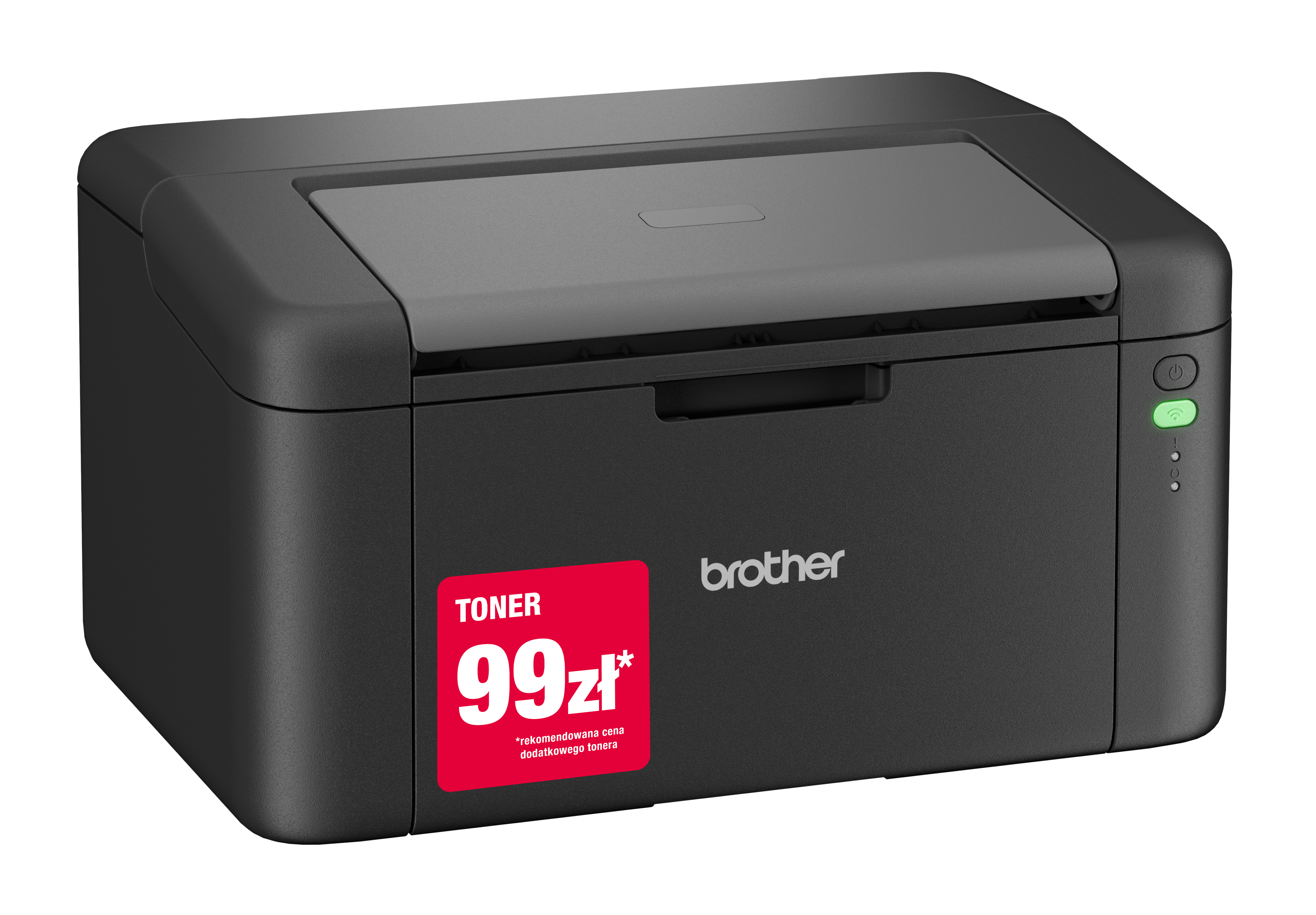 Czarna drukarka Brother z czerwoną naklejką wskazującą cenę tonera. Ma przycisk zasilania i zielone światło.