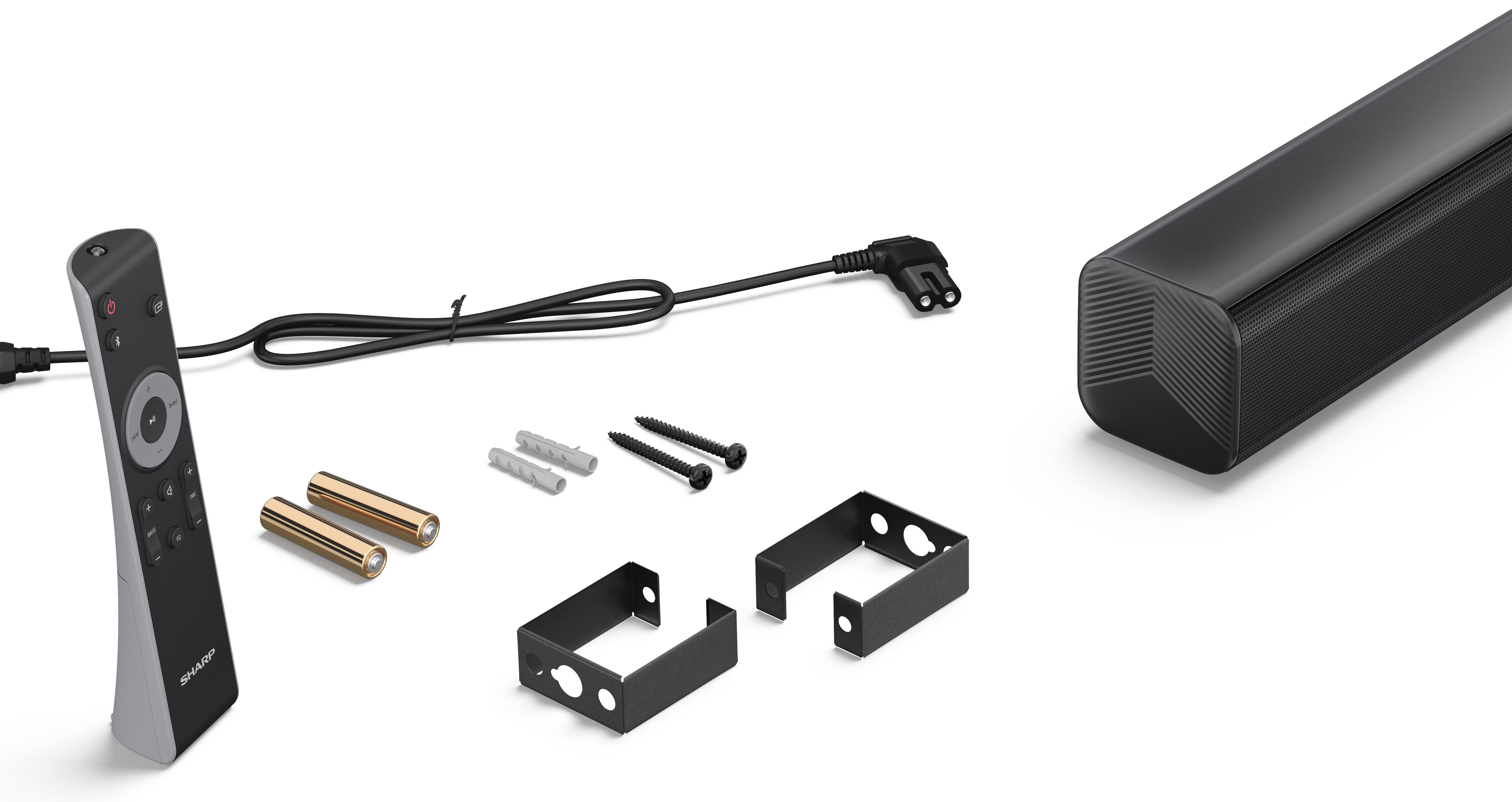 Czarny soundbar z akcesoriami: pilot, kabel, baterie, śruby, wsporniki i kołki na białej powierzchni.