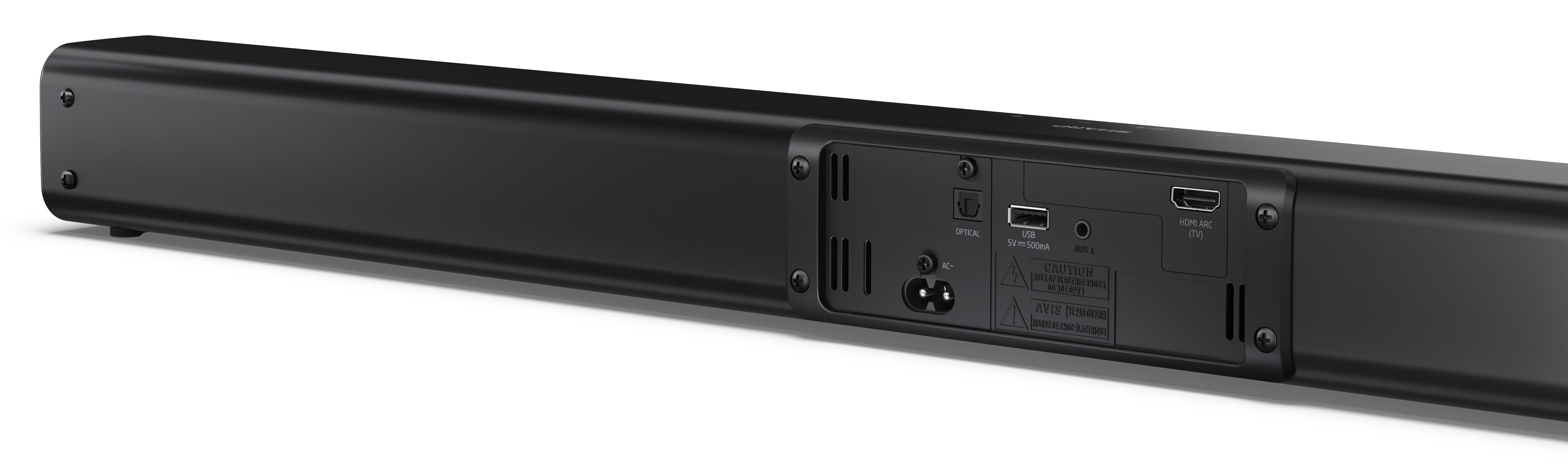 Czarny soundbar z różnymi portami wejściowymi, w tym optycznym, USB i HDMI. Ma wejście zasilania i śruby.