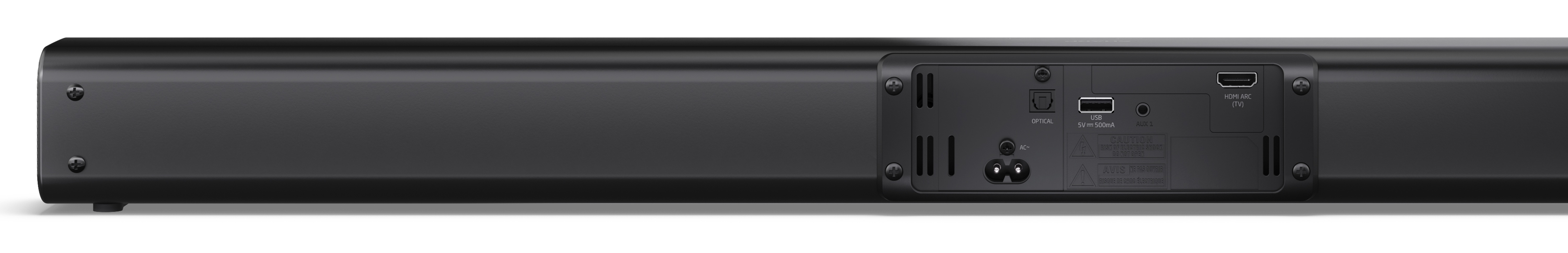 Czarny soundbar z złączami takimi jak USB, HDMI i optyczne. Ma wejście zasilania i etykietę ostrzegawczą. Tło jest białe.