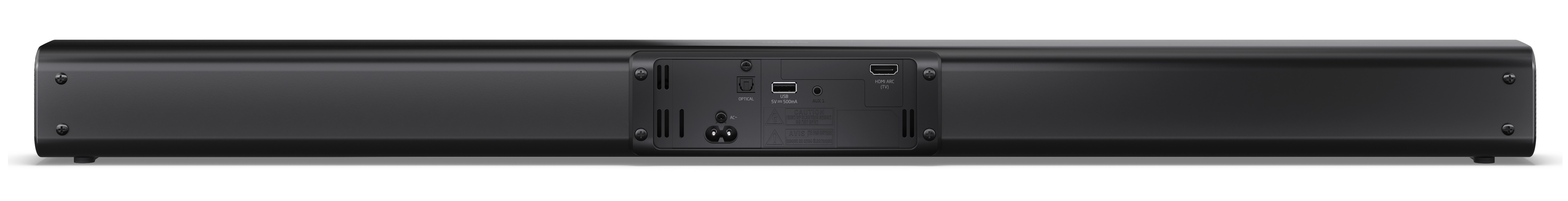 Czarny soundbar z portami połączeniowymi. Ma śruby z boku i różne porty z tyłu.