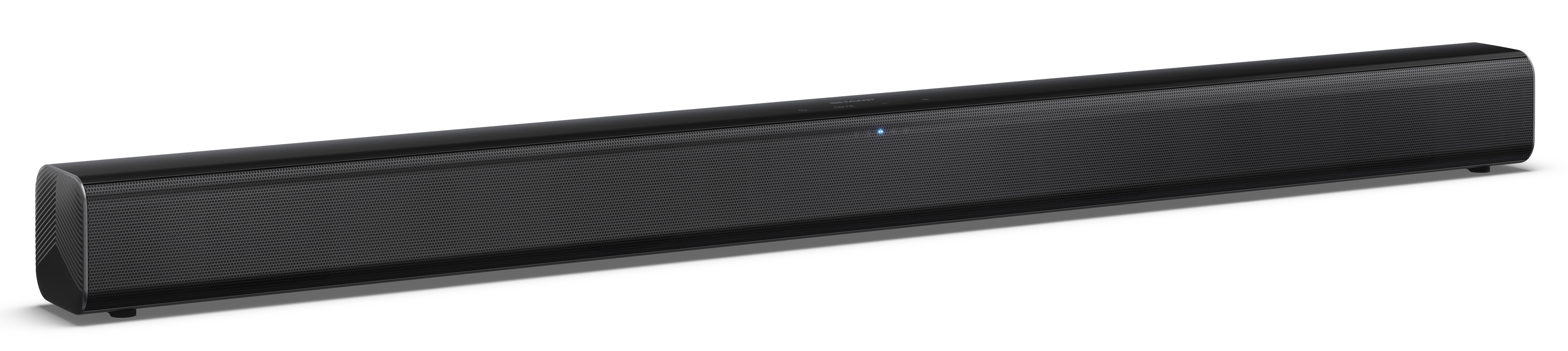 Czarny soundbar z siatkowym przodem i błyszczącym wierzchem na białej powierzchni.