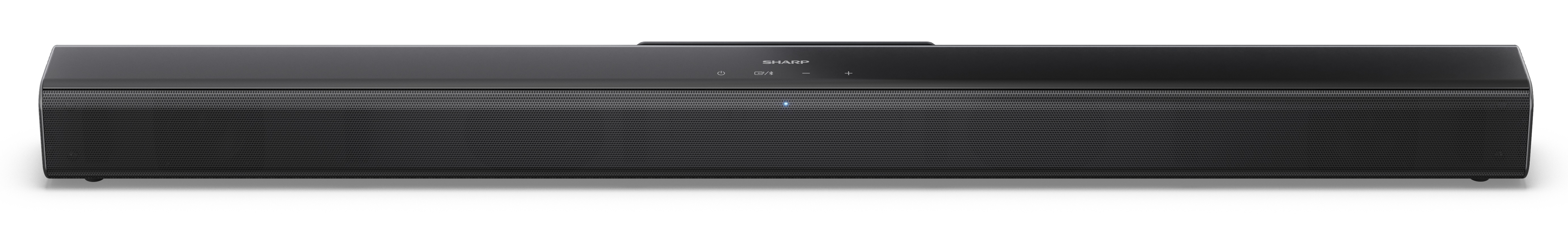 Czarny soundbar na białym tle. Ma przednią siatkę, przyciski sterowania i subtelne niebieskie światło.