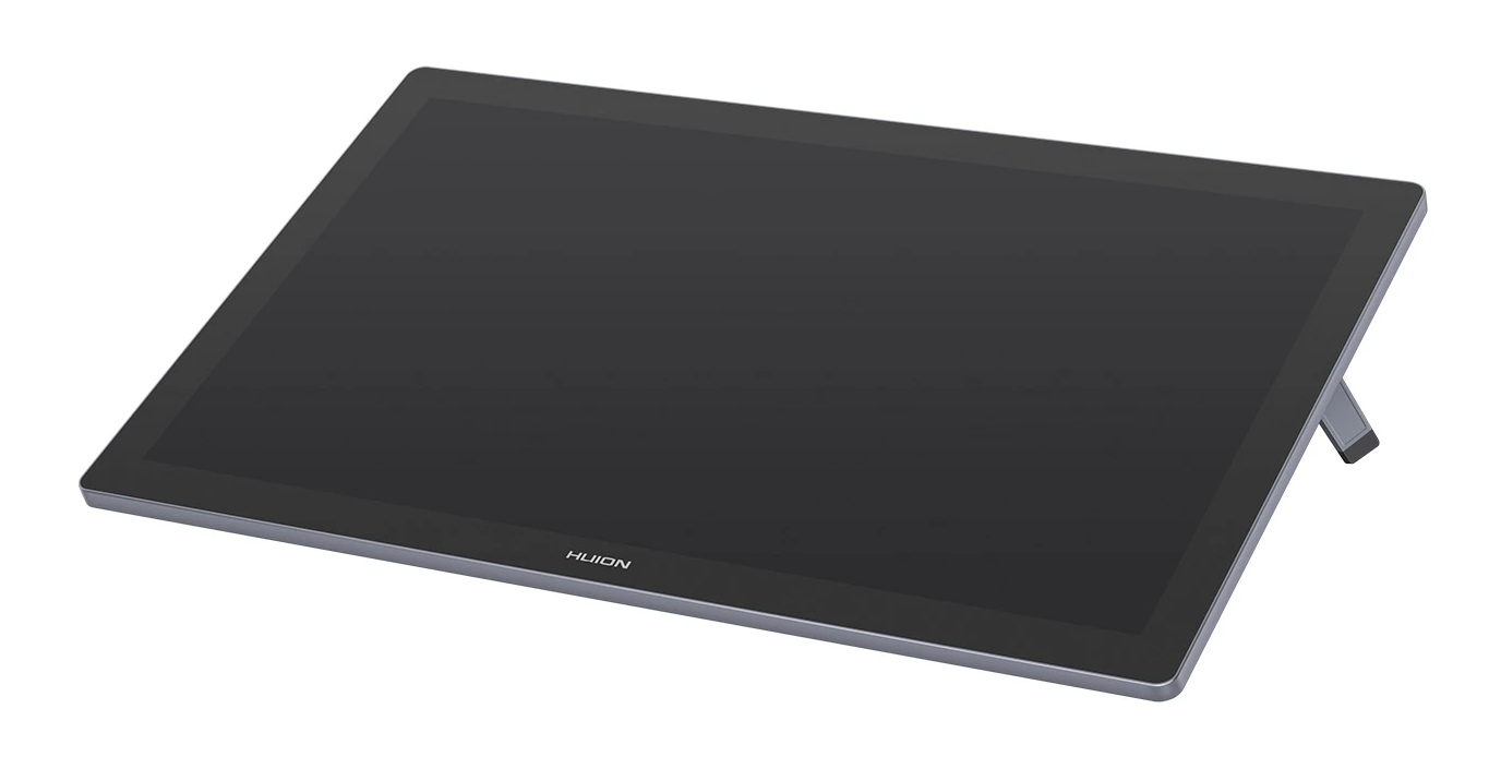 Czarny tablet graficzny Huion, ze stojakiem, na białym tle. Ekran jest ciemny.