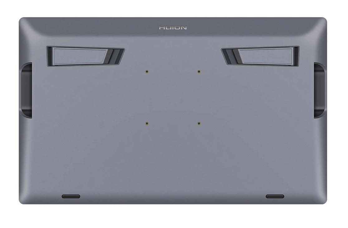 Szary tablet, widoczny tył. Posiada otwory wentylacyjne, małe okrągłe i prostokątne detale. Marka jest widoczna.