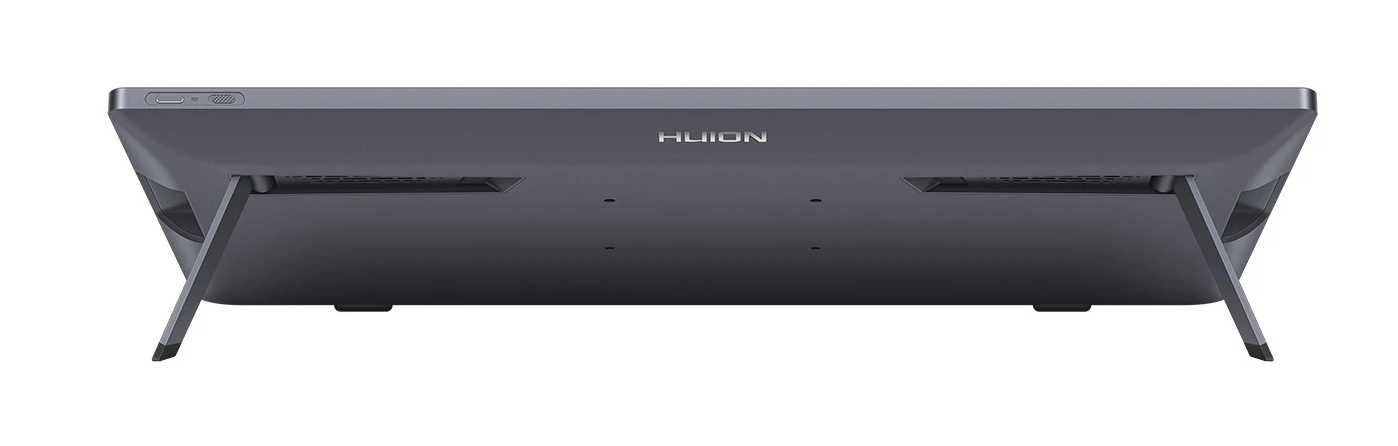 Tył szarego tabletu Huion. Ma dwie nogi podporowe i logo Huion. Widoczne są przyciski zasilania i inne.