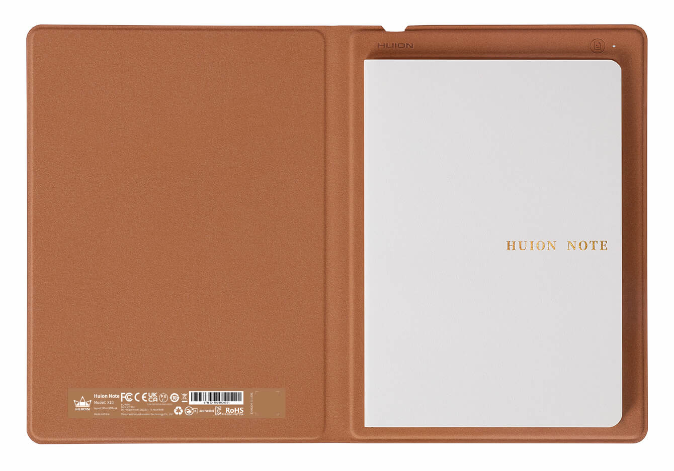 Otwarty brązowy futerał na tablet z białym padem w środku. Tekst "HUION NOTE" jest wydrukowany na padzie. Obecna jest również nazwa marki "HUION".