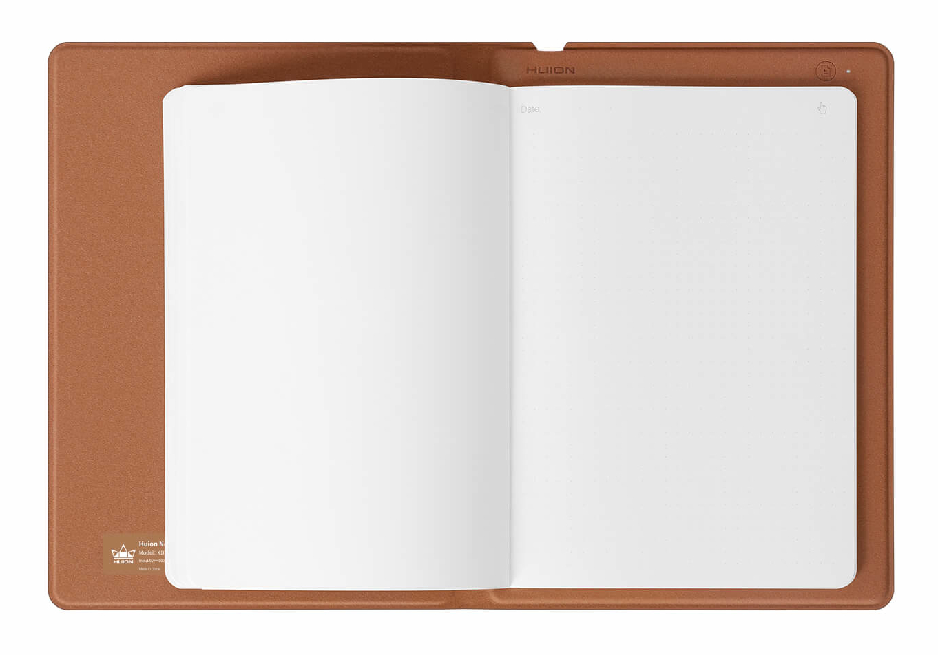 Otwarty brązowy notatnik z pustymi stronami. Notatnik jest otwarty, z napisem 'Data' na prawej stronie.