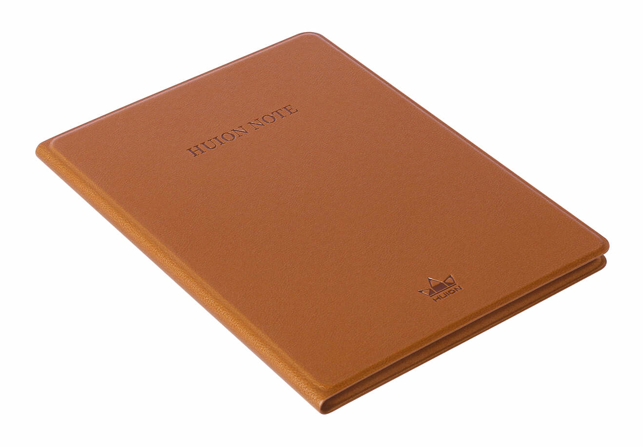 Brązowy skórzany notatnik z wytłoczonym napisem 'HUION NOTE' na przodzie. Widoczne jest również logo Huion. Tło jest białe.