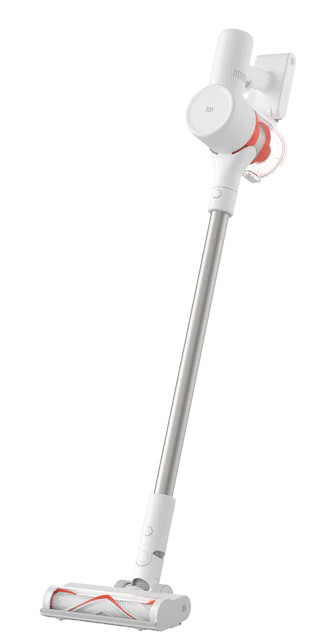 Biały i srebrny odkurzacz bezprzewodowy. Posiada czerwony pojemnik na kurz i głowicę szczotkową na białym tle.
