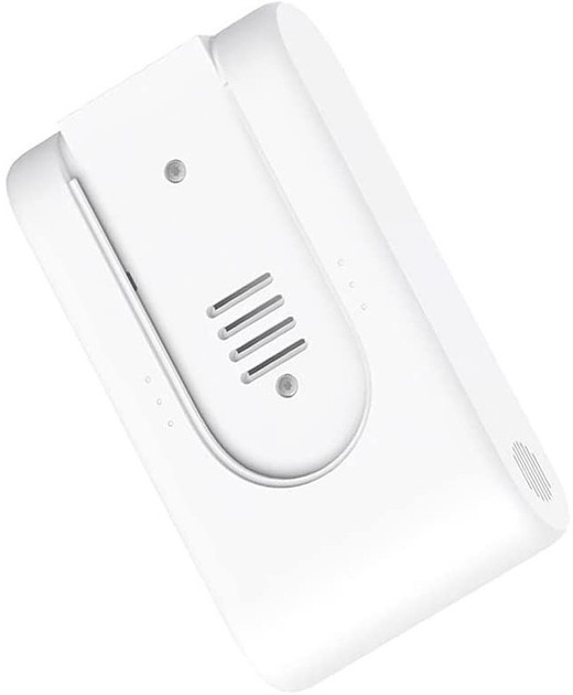 Biała, kątowa stacja ładująca. Posiada prostokątny przód z czterema szczelinami wentylacyjnymi i małym, okrągłym przyciskiem.