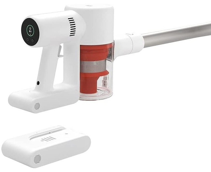 Biały odkurzacz bezprzewodowy z czerwonym pojemnikiem na kurz i oddzielną białą stacją ładującą.