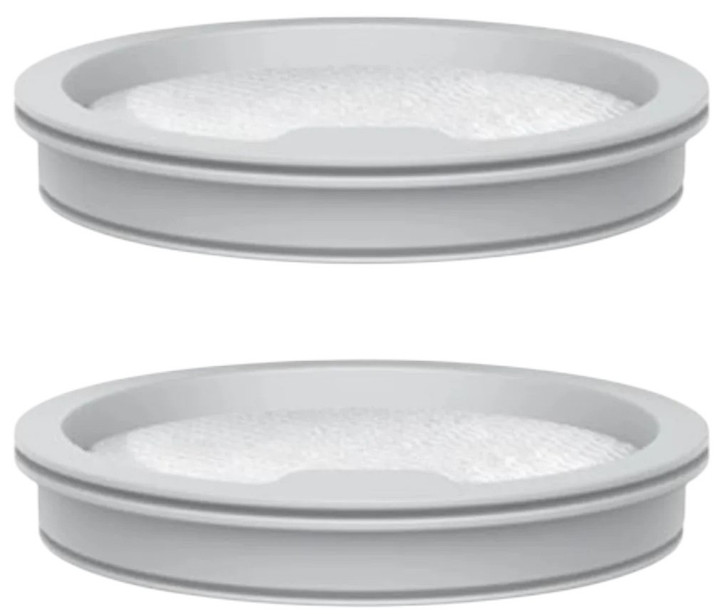 Dwa szare, okrągłe pojemniki ułożone jeden na drugim. Każdy ma białą, teksturowaną wkładkę w środku. Pojemniki mają podniesioną krawędź.