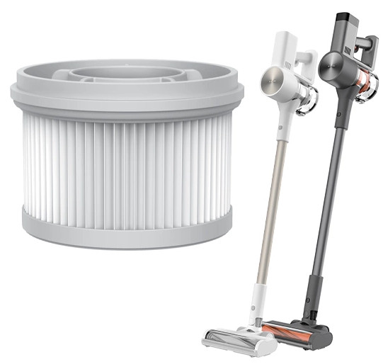 Zdjęcie przedstawia biały filtr i dwa odkurzacze pionowe. Jeden jest biało-złoty, drugi szaro-czarny.