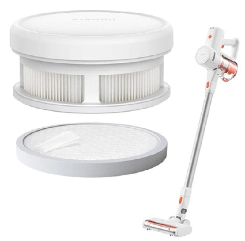 Biały odkurzacz, części i filtr. Biała i srebrna obudowa z pomarańczowymi akcentami. Marka Xiaomi. Komponenty są oddzielone.