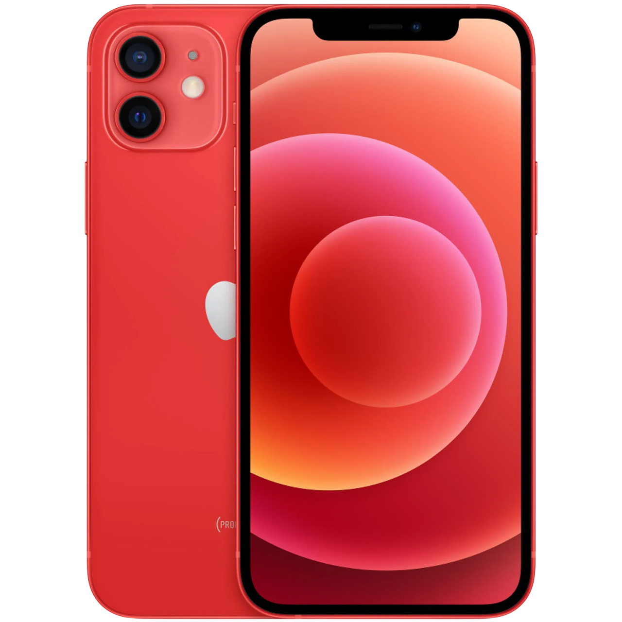 Kırmızı iPhone 12 Pro. Ekran, kırmızı dairelerin bir gradyanını görüntüler. Arkadaki telefonda kameralar ve beyaz bir Apple logosu var.
