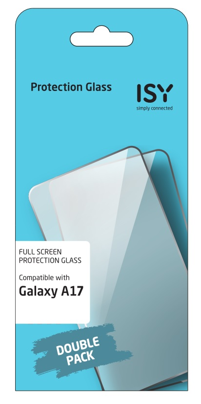 Verpackung für Displayschutzglas. Zeigt das Glas, Markenlogo und Text mit Kompatibilität für Galaxy A17.