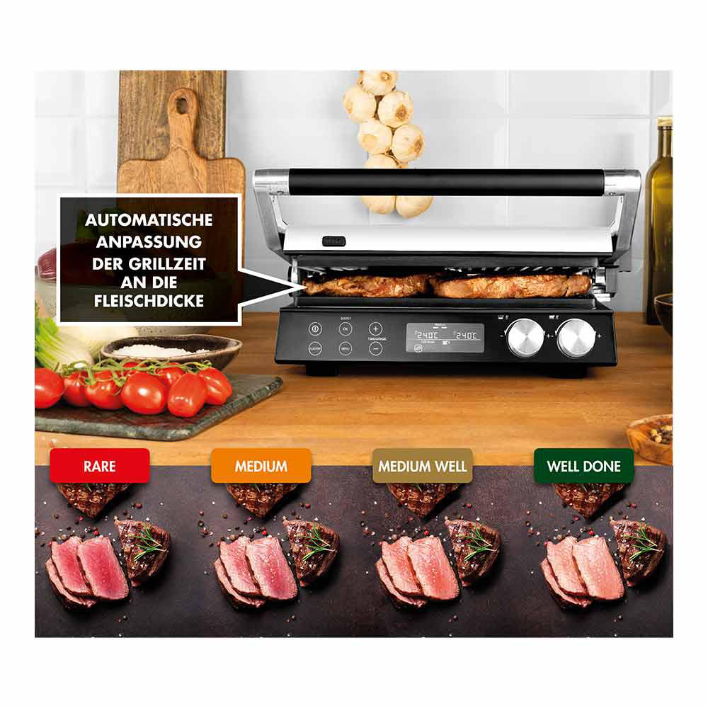 Ein elektrischer Grill mit Steaks. Gemüse und Textetiketten mit Garstufen sind im Vordergrund.