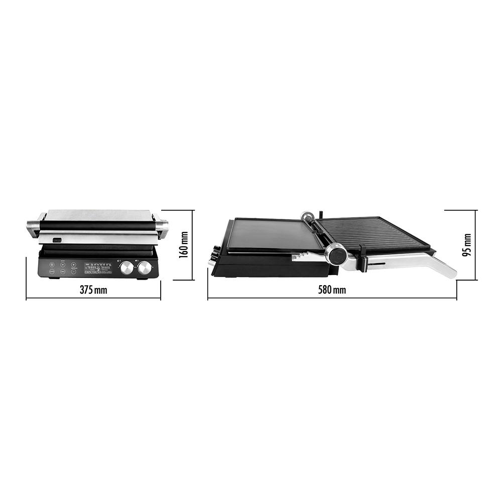 Ein elektrischer Grill, der von vorne und von der Seite gezeigt wird, mit beschrifteten Abmessungen. Der Grill ist schwarz und silber, mit Digitalanzeige.
