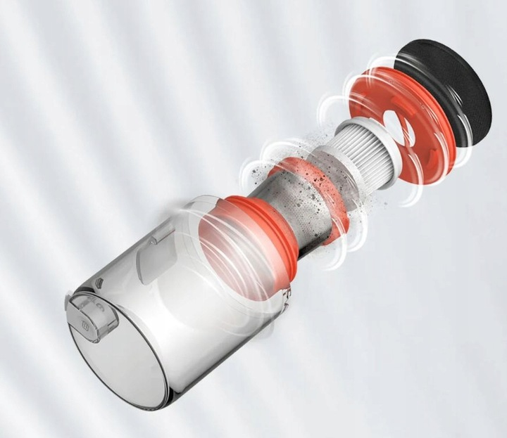 Widok rozłożony komponentów filtra odkurzacza. Zawiera przezroczysty pojemnik na kurz, pomarańczowe pierścienie, filtry i czarną siatkę.