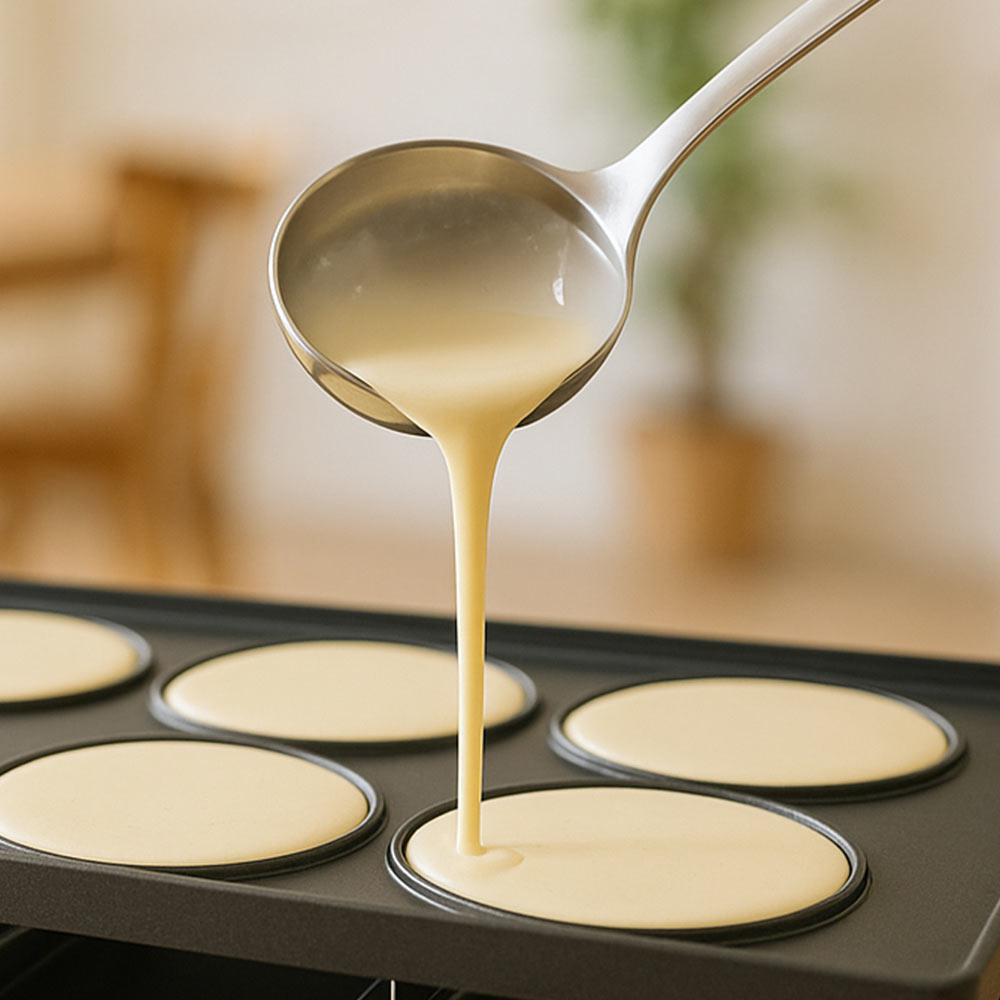 Eine Schöpfkelle gießt Teig auf eine Grillplatte mit Pfannkuchenformen. Pfannkuchen werden zubereitet. Der Hintergrund zeigt verschwommen einen Raum.