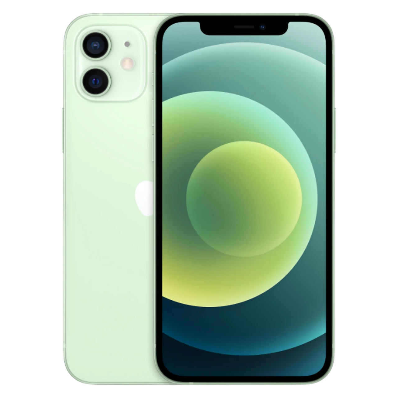 Siyah arka plan üzerinde yeşil bir iPhone 12. Ekran, yeşil ve mavi dairelerin bir gradyanını gösteriyor. Telefonun çift kamerası var.