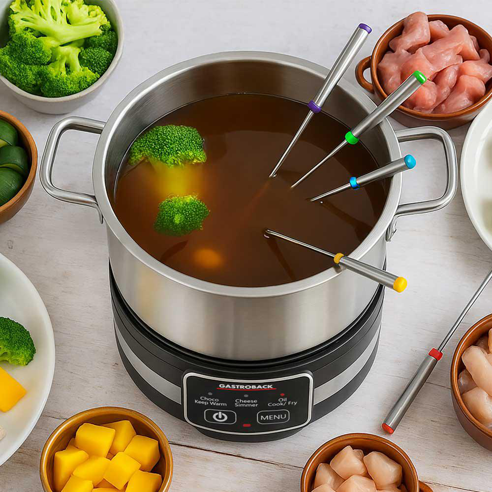 Ein Fonduetopf mit Brühe, Brokkoli und Fleisch. Bunte Fonduegabeln. Schalen mit Zutaten umgeben den Topf. Kochgerät.